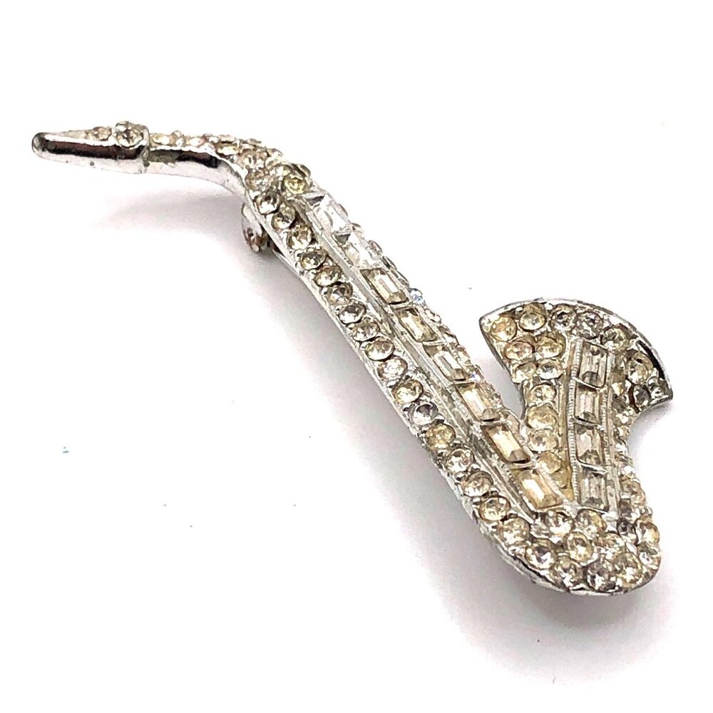 Vintage Silver Tone Rhinestone Saxophone Brooch Pin – Sparkle with Sax Appeal! - Picture 5 of 10